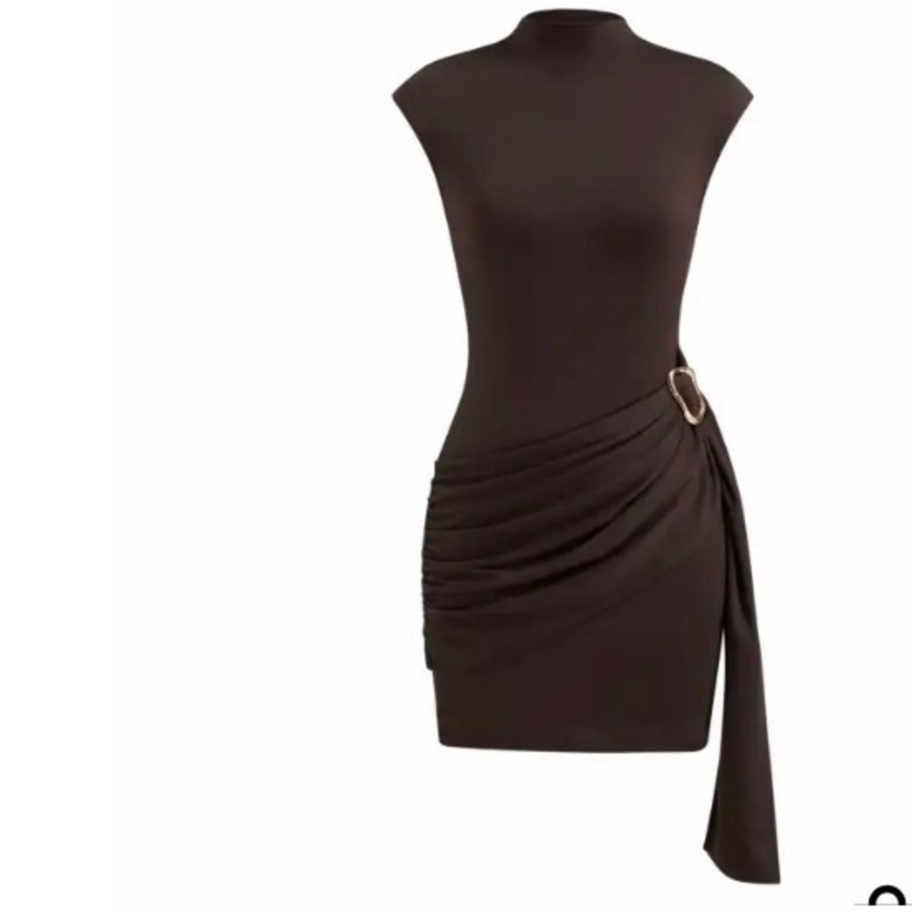 Cider XS Chocolate Brown Draped High Neck Sleeveless Top Gold Buckle Sash NEW